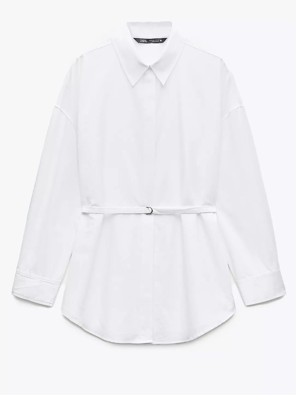 Zara White Long-Sleeve Belted Poplin Shirt